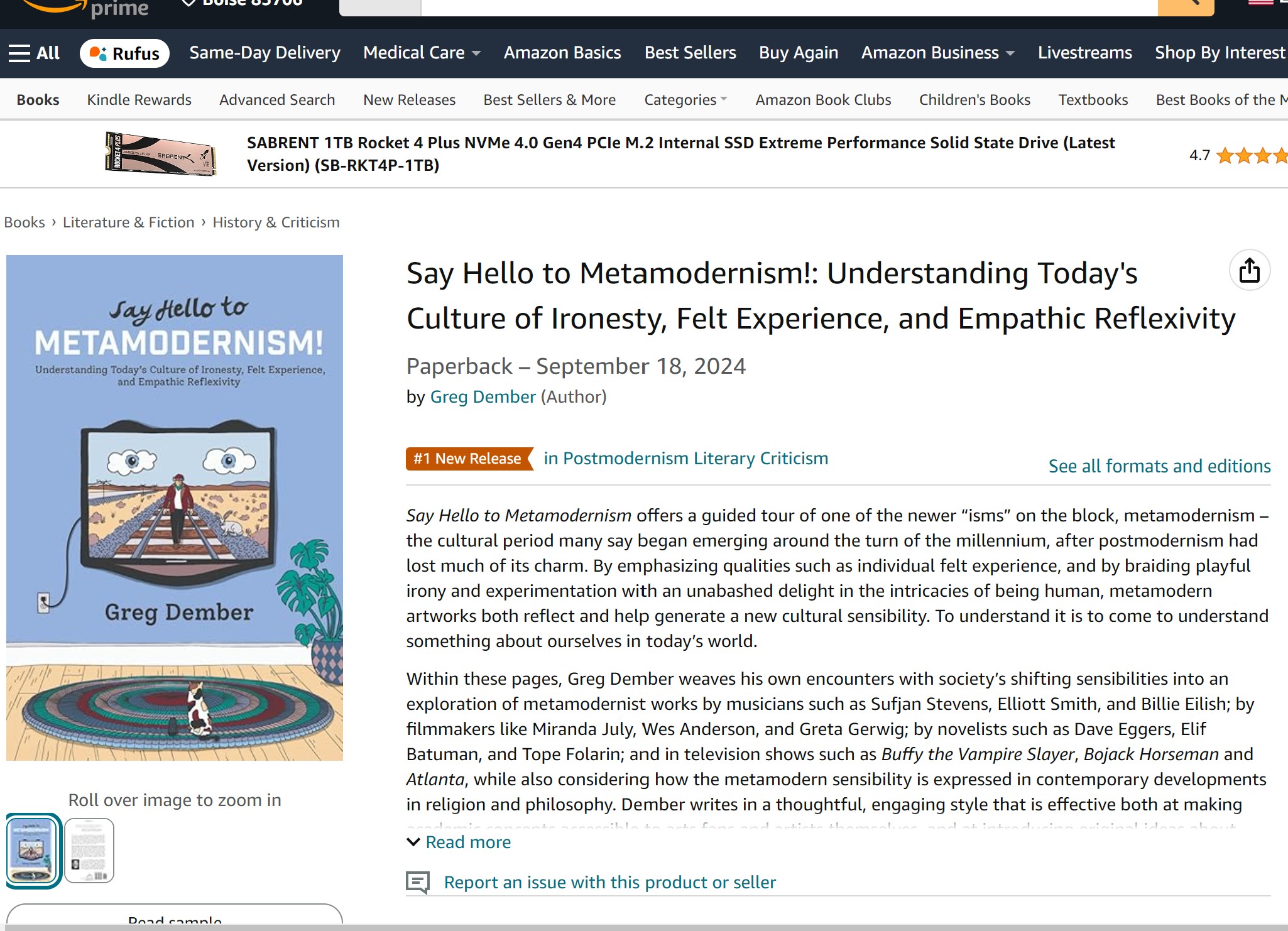 Amazon product page screenshot showing Say Hello to Metamodernism with the #1 New Release ribbon